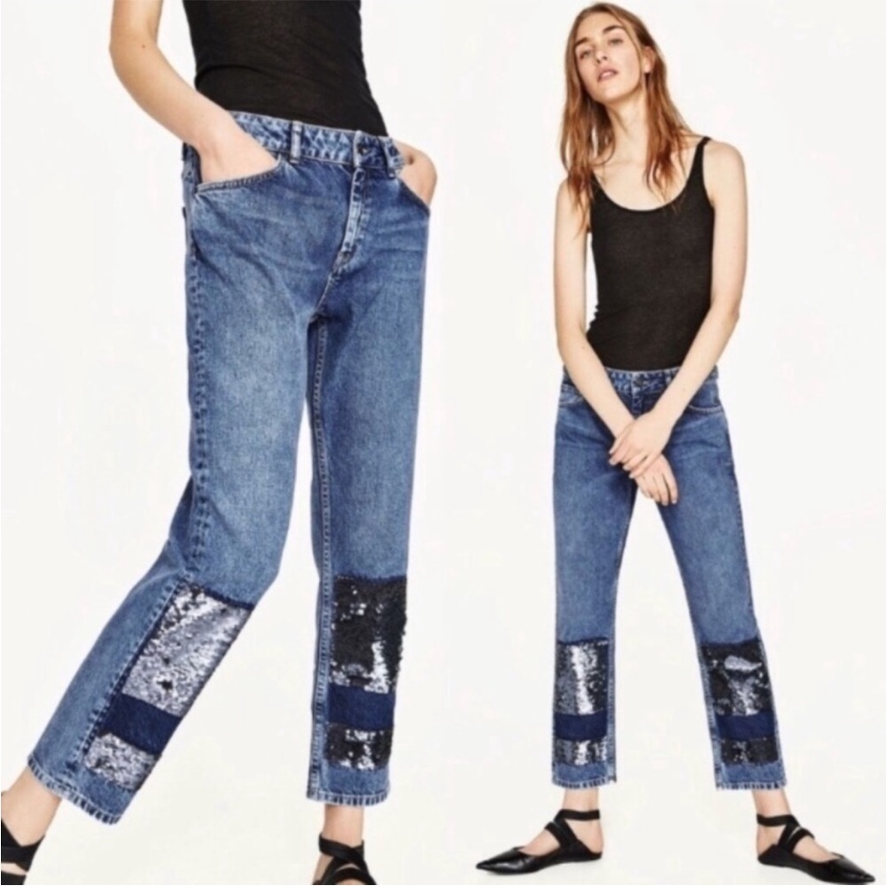 Zara basic denim sequin jeans cropped boyfriend f… - image 10